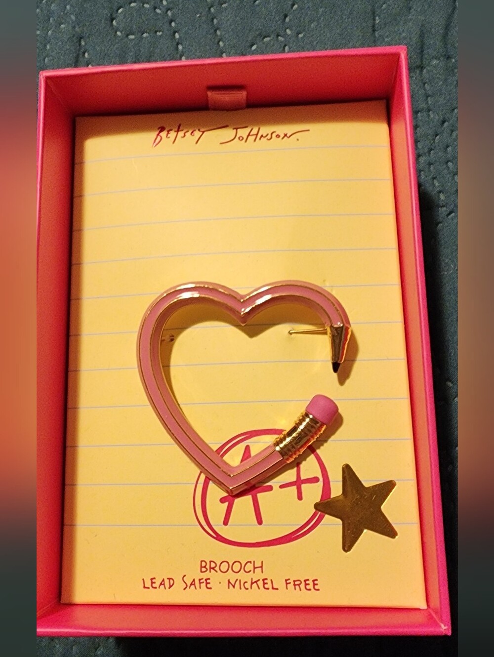 Betsey Johnson Pink Heart Pencil Brooch NIB